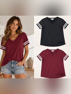 BUNDLE Pink Republic Varsity Stripe V-Neck Tee Bundle Black Burgundy L